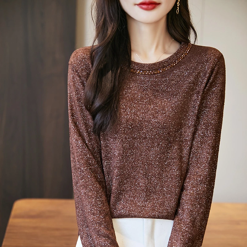 羊范2025春秋款女圆领亮丝显瘦打底衫优雅气质设计感内搭洋气显瘦