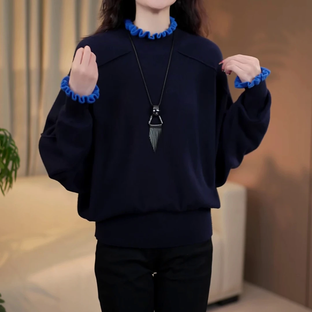 2025秋冬新款洋气显瘦木耳花边针织衫时尚轻奢韩版百搭打底上衣女