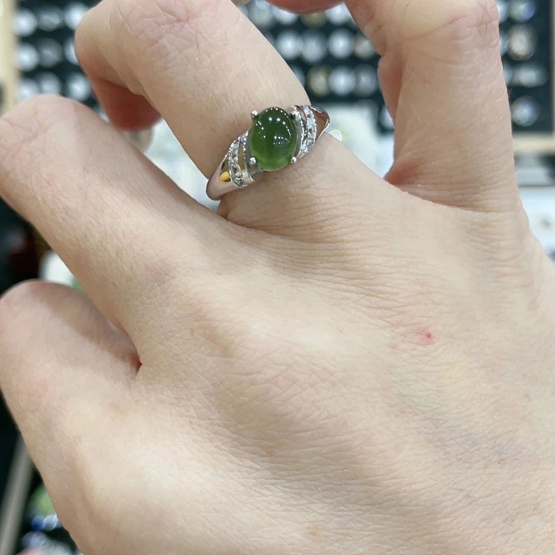 蛇纹石玉戒指银S925镶嵌瘦*高
