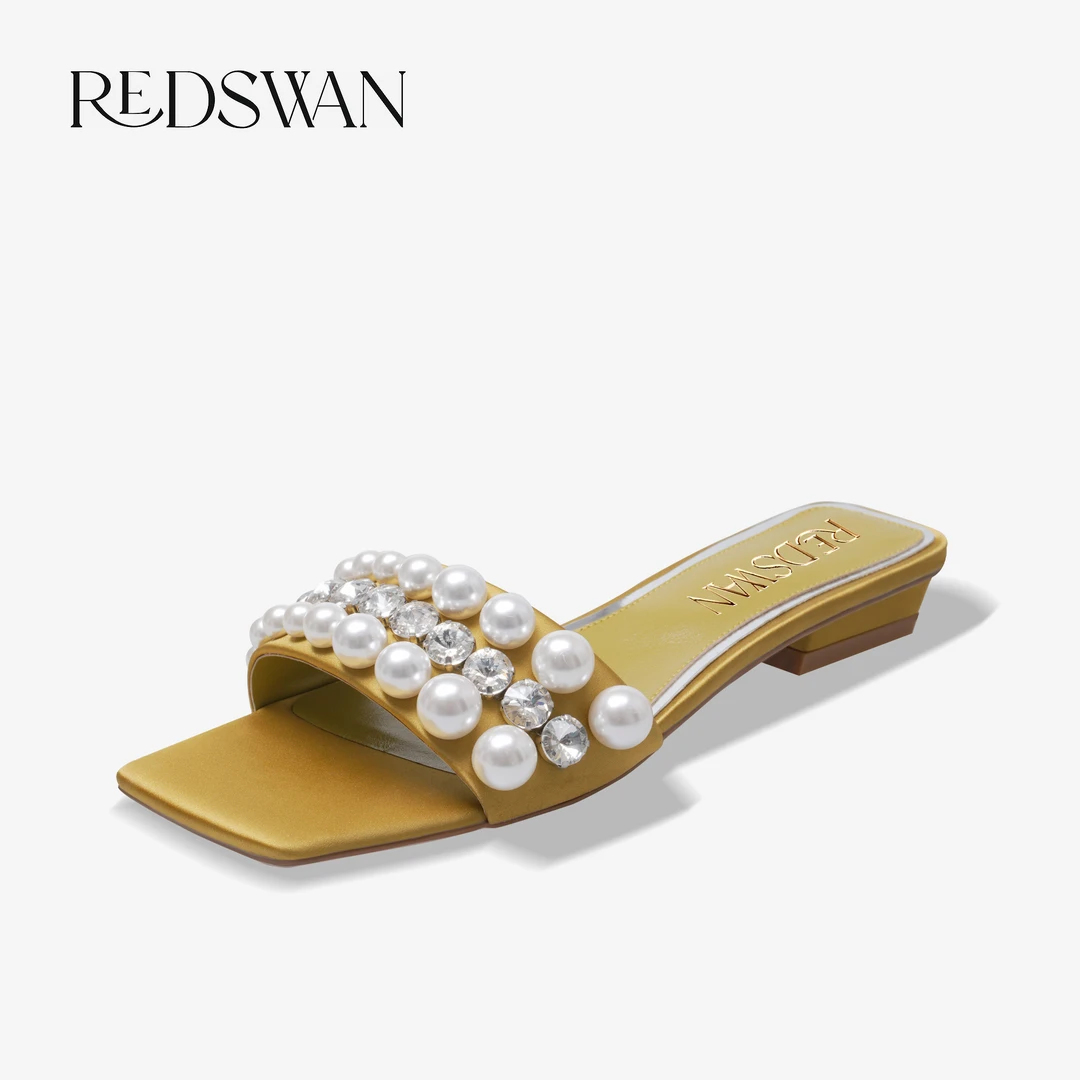 REDSWAN 气质风珍珠水钻平跟凉拖鞋女夏外出时尚平底一字拖鞋夏季