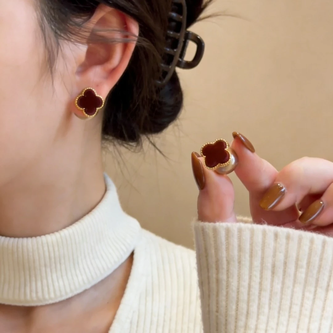 铜合金耳饰 925银针丝绒红色花朵珍珠耳钉气质一款两戴耳环耳饰女