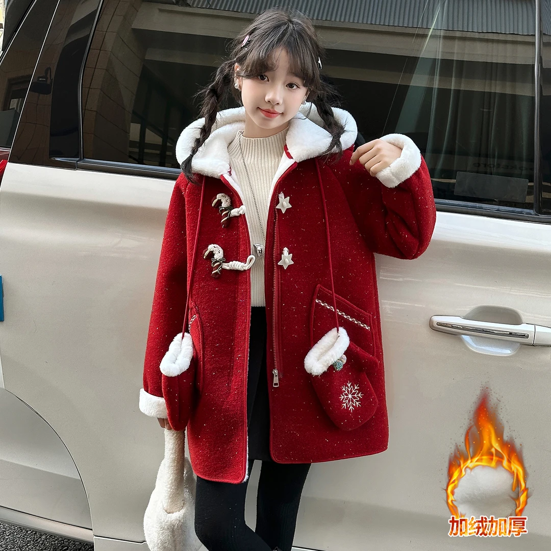 女童红色毛呢大衣加绒加厚冬季2026新款儿童本命年女大童新年外套