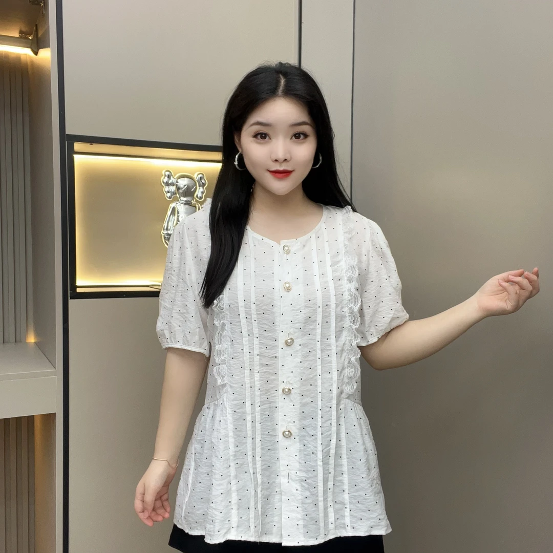 法式开衫收腰短袖衬衫2025新款夏季遮肚显瘦A字衫洋气上衣 丝光皱
