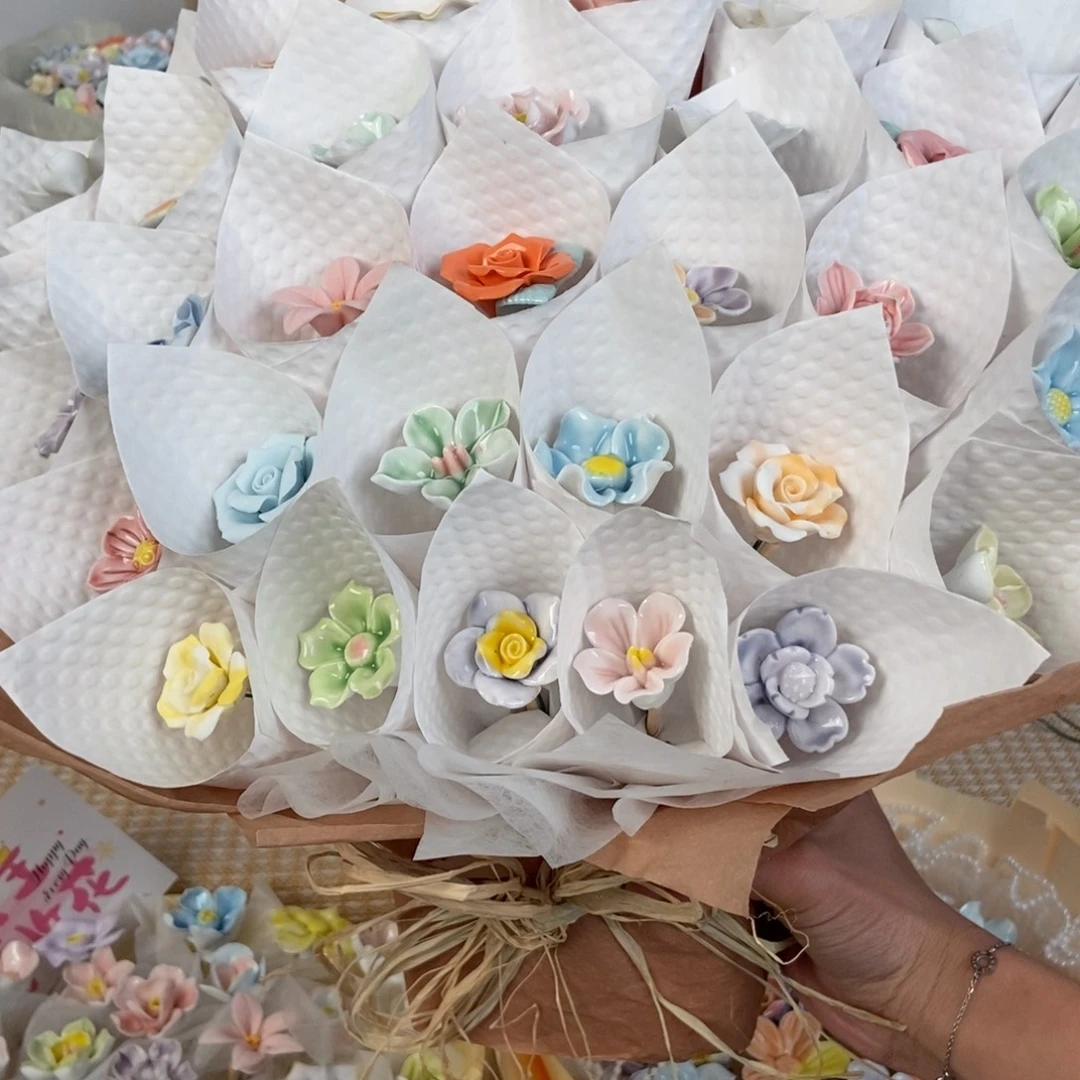陶摆件33朵陶瓷花花花束