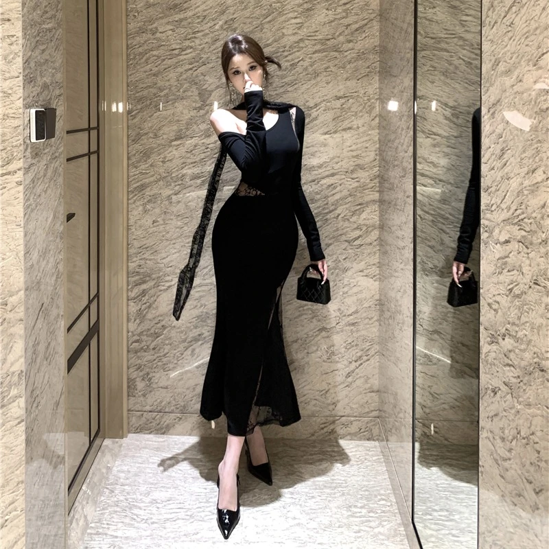 法式复古高级感蕾丝拼接长袖连衣裙飘带斜肩宴会礼服气质长裙女冬