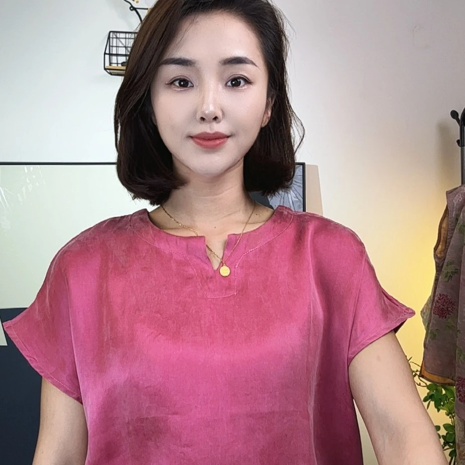 【绾瑶】V领纯色重磅女士T恤透气新中式短袖