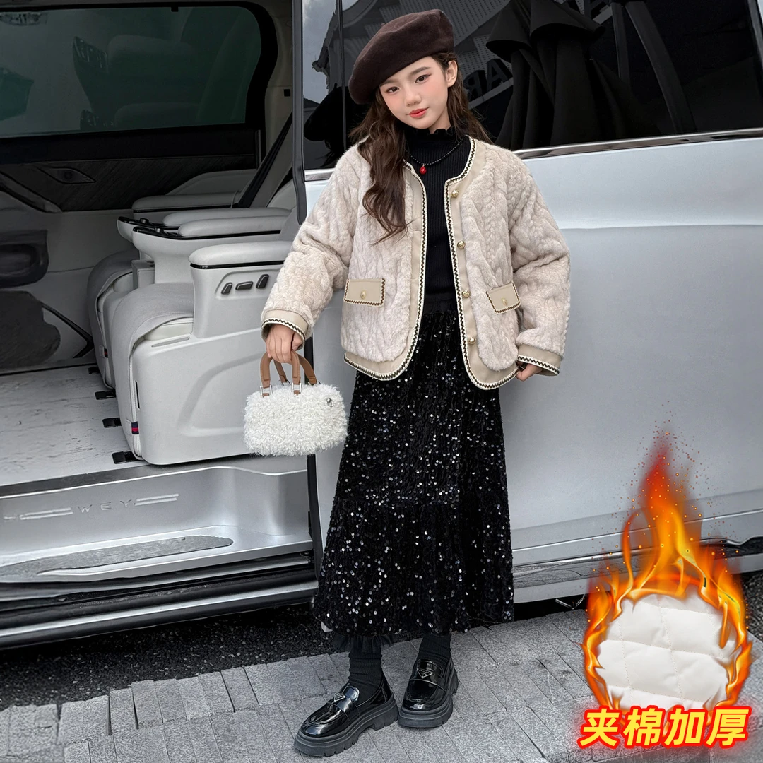 【嘻嘻柚】女童小香风皮毛一体短款外套2025冬季打底衫半身裙三件套