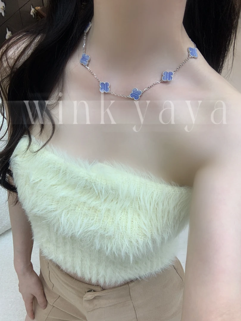 坠链均925银合成锆石 四叶花草十花雾霾蓝轻奢时尚项链AL421