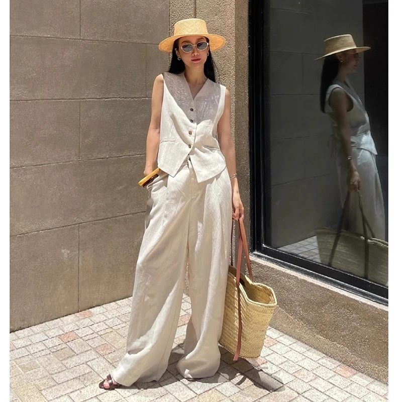 简约老钱风亚麻套装女夏时尚气质松弛感西装无袖马甲阔腿裤两件套