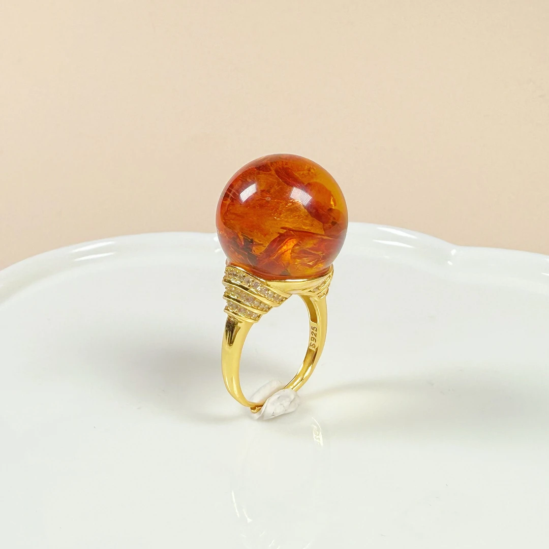 佳璐珠宝天然俄罗斯花珀18mm+戒指气质轻奢时尚复古简约金色