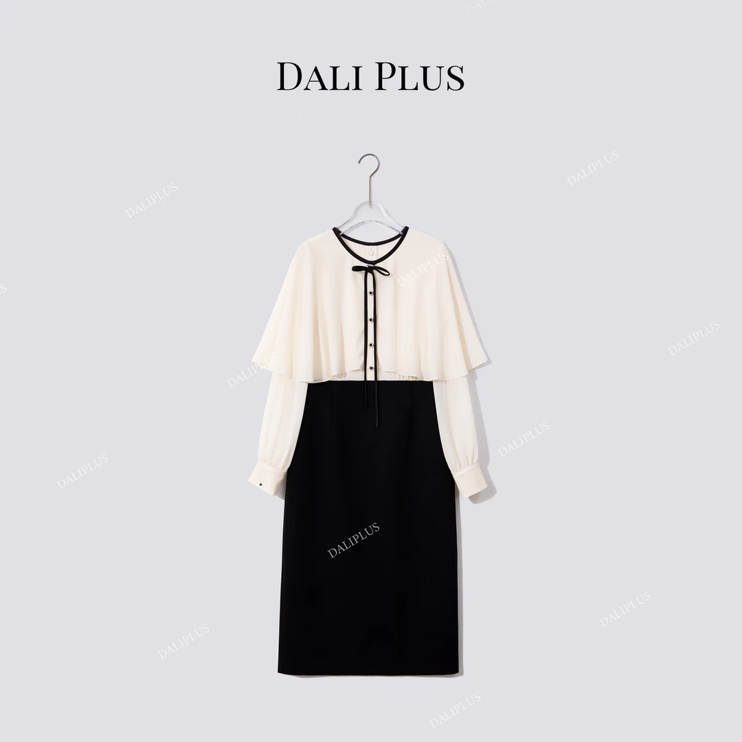 DALI PLUS“斗篷连衣裙”重磅醋酸蝴蝶结秋冬长袖连衣裙-D5LT2033