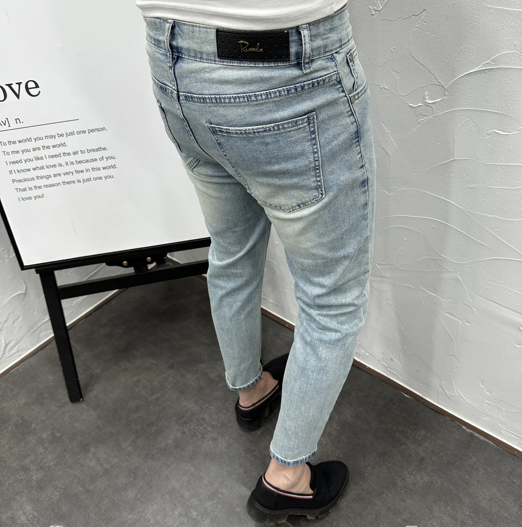 高端水洗浅蓝九分牛仔裤男潮流时尚百搭韩版修身小脚复古做旧弹力