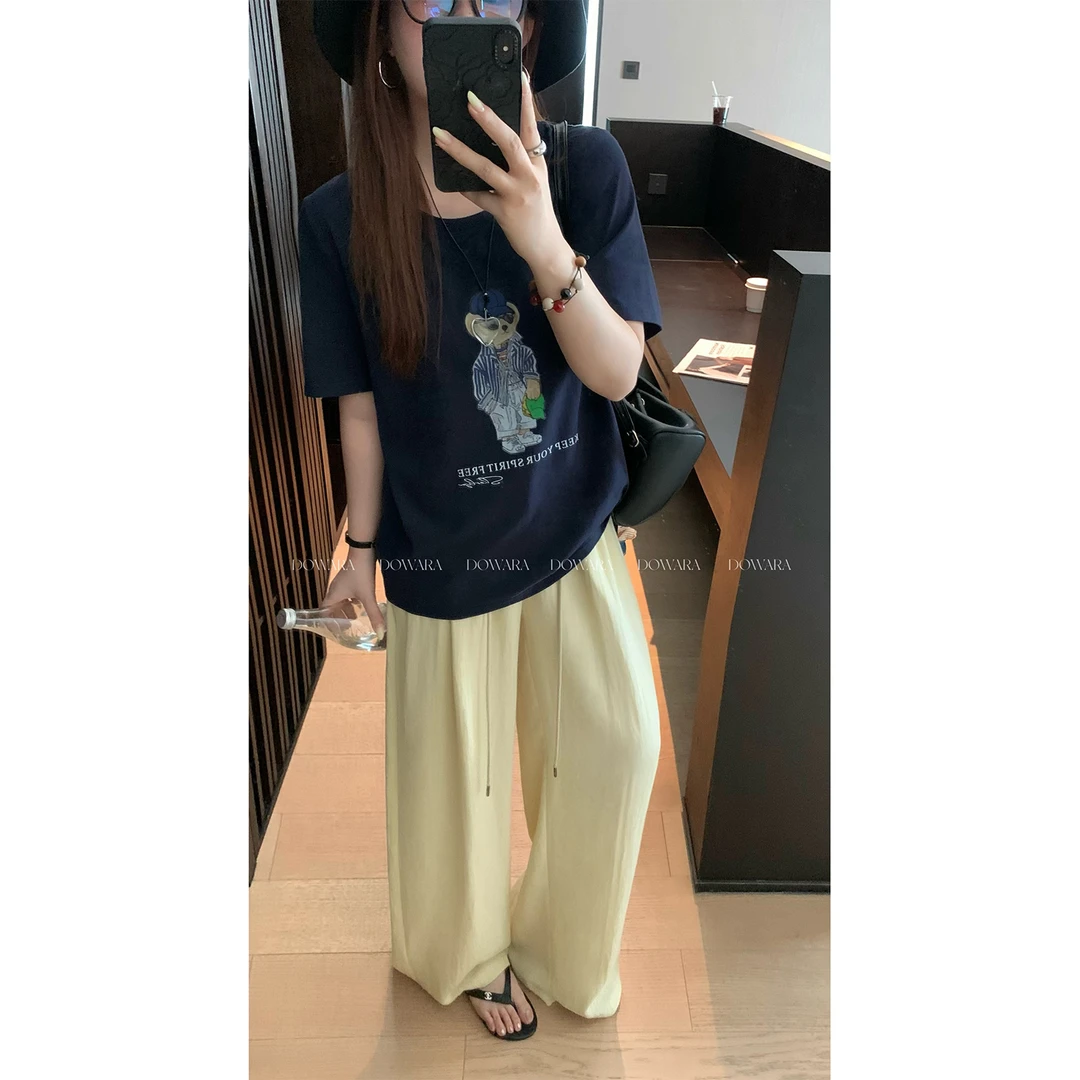 现货大婉酱微胖定制【松弛小熊T】100棉时尚印花T恤夏正肩上衣8626D