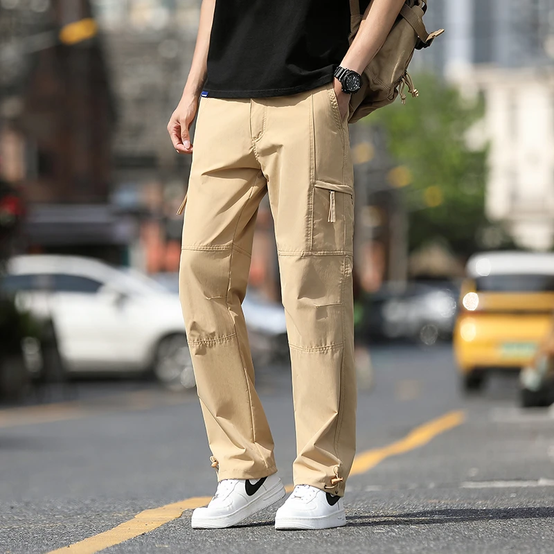 夏季薄款速干工装长裤男潮流时尚多口袋纯色休闲宽松直筒阔腿裤子
