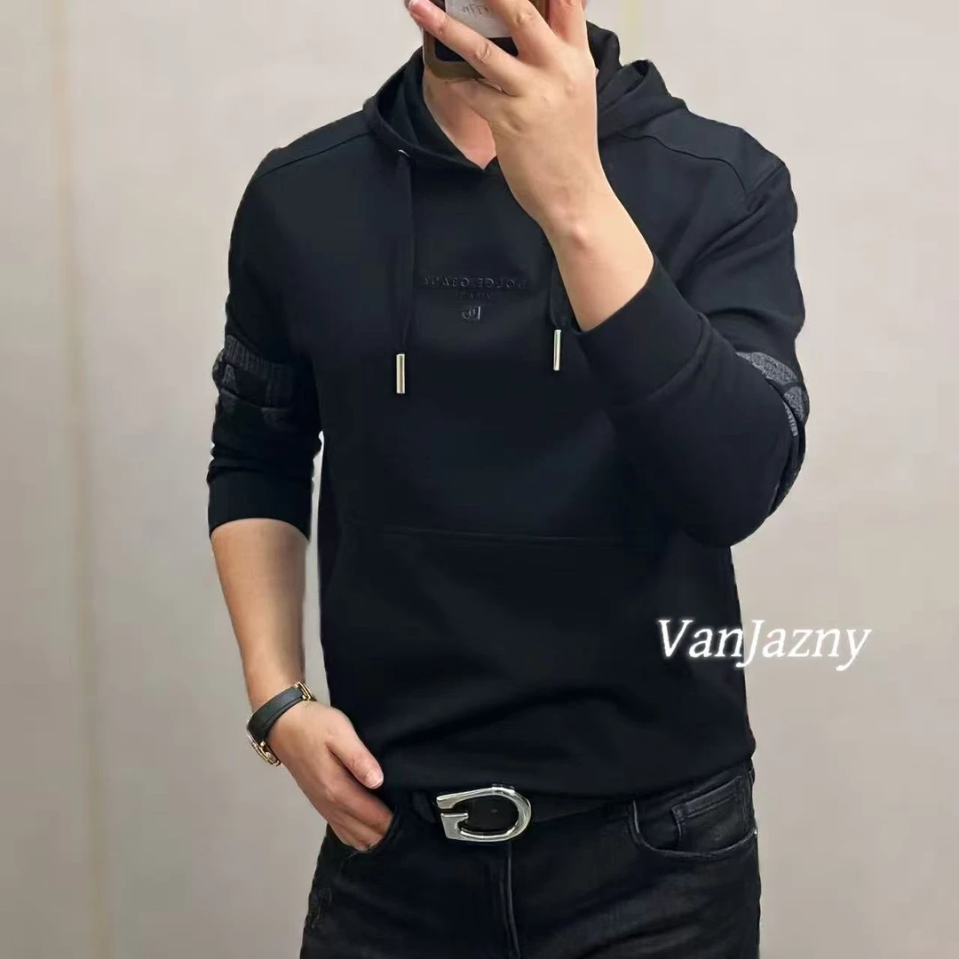 【VanJazny】新款高端男士时尚休闲拼接字母图案连帽卫衣230
