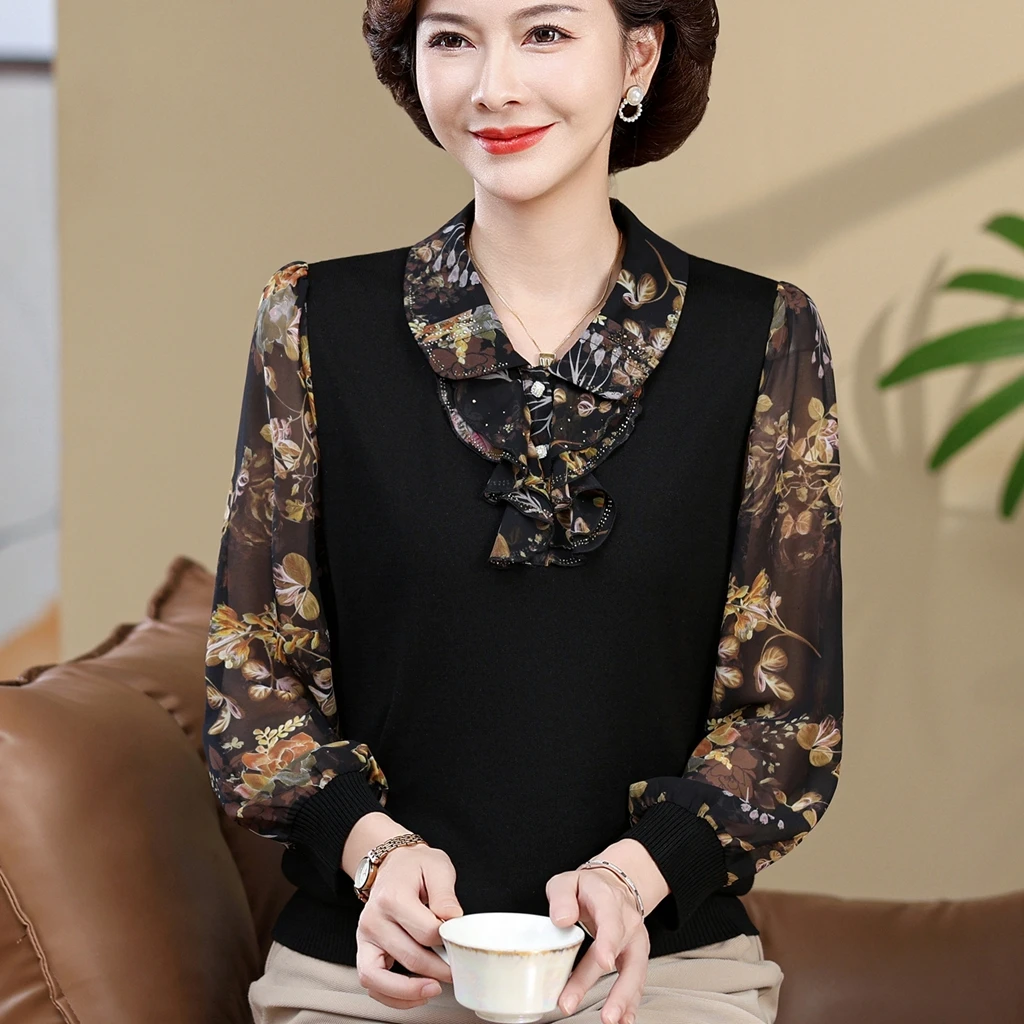 中年妈妈秋季针织t恤小衫洋气新款中老年女秋装阔太太纱袖上衣