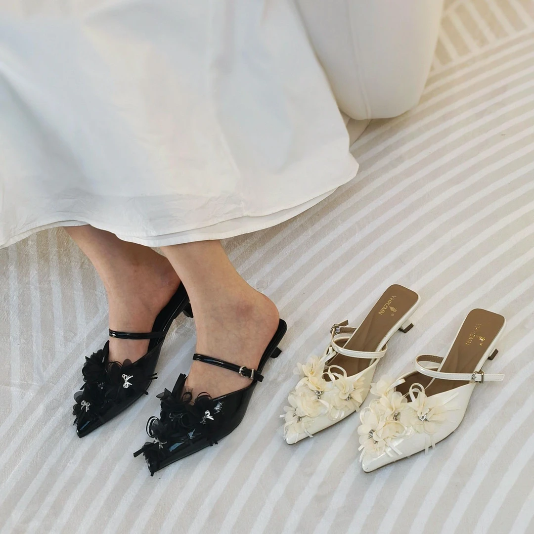 新款女时尚百搭休闲花花蝴蝶结包头半拖鞋22022