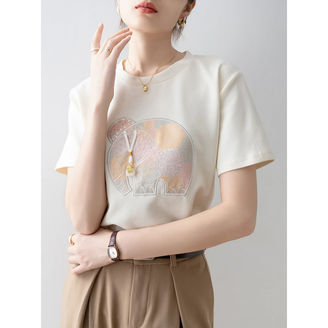 新中式国风短袖t恤女士夏装2025新款浅杏色圆领正肩独特别致上衣