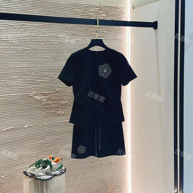 【宠粉价】欧货时尚山茶花黑色夏季短袖套装裙两件套连衣裙JC-A3621