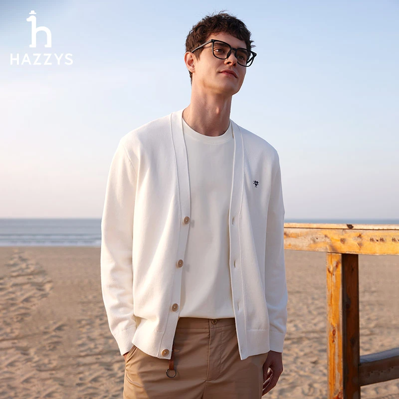 【PHIZ】Hazzys哈吉斯V领春秋休闲舒适针织开衫上衣长袖男士毛衣