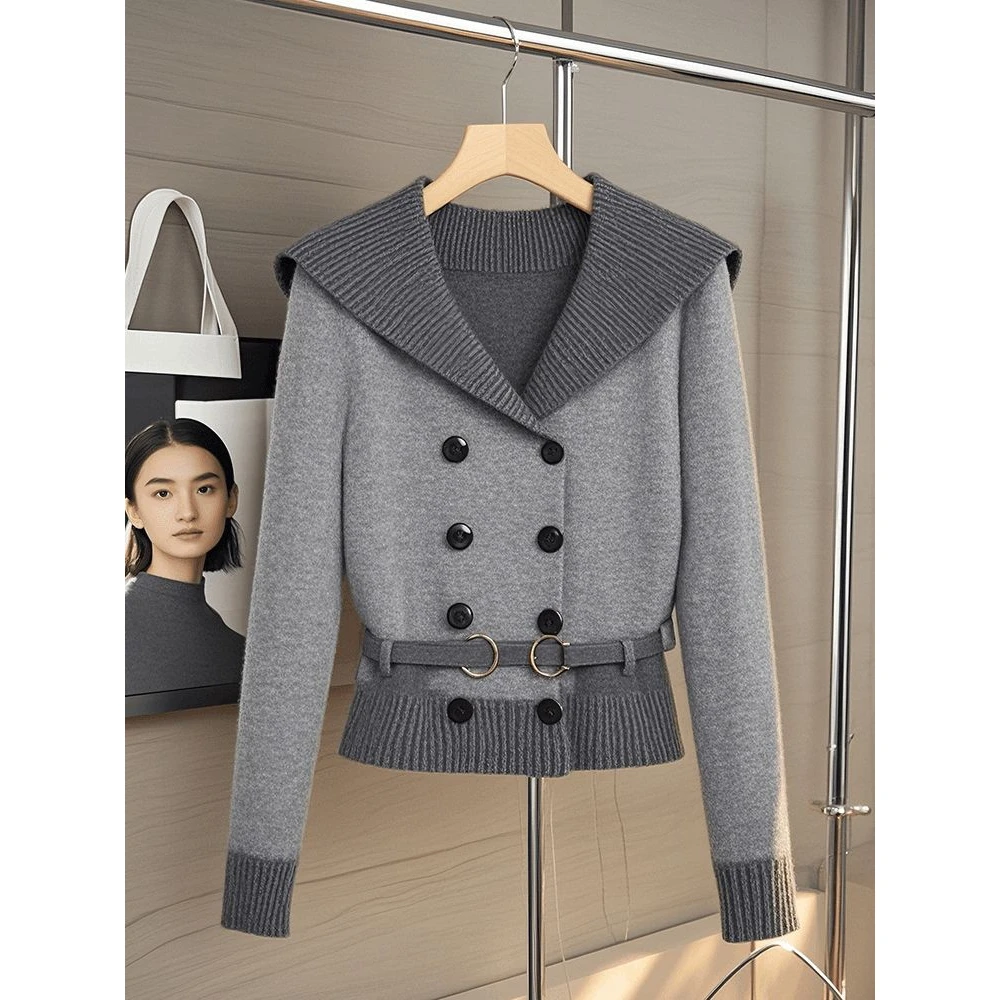 洋气衣服女韩系时尚洋气学院风针织衫慵懒高级感格雷系灰色翻领长