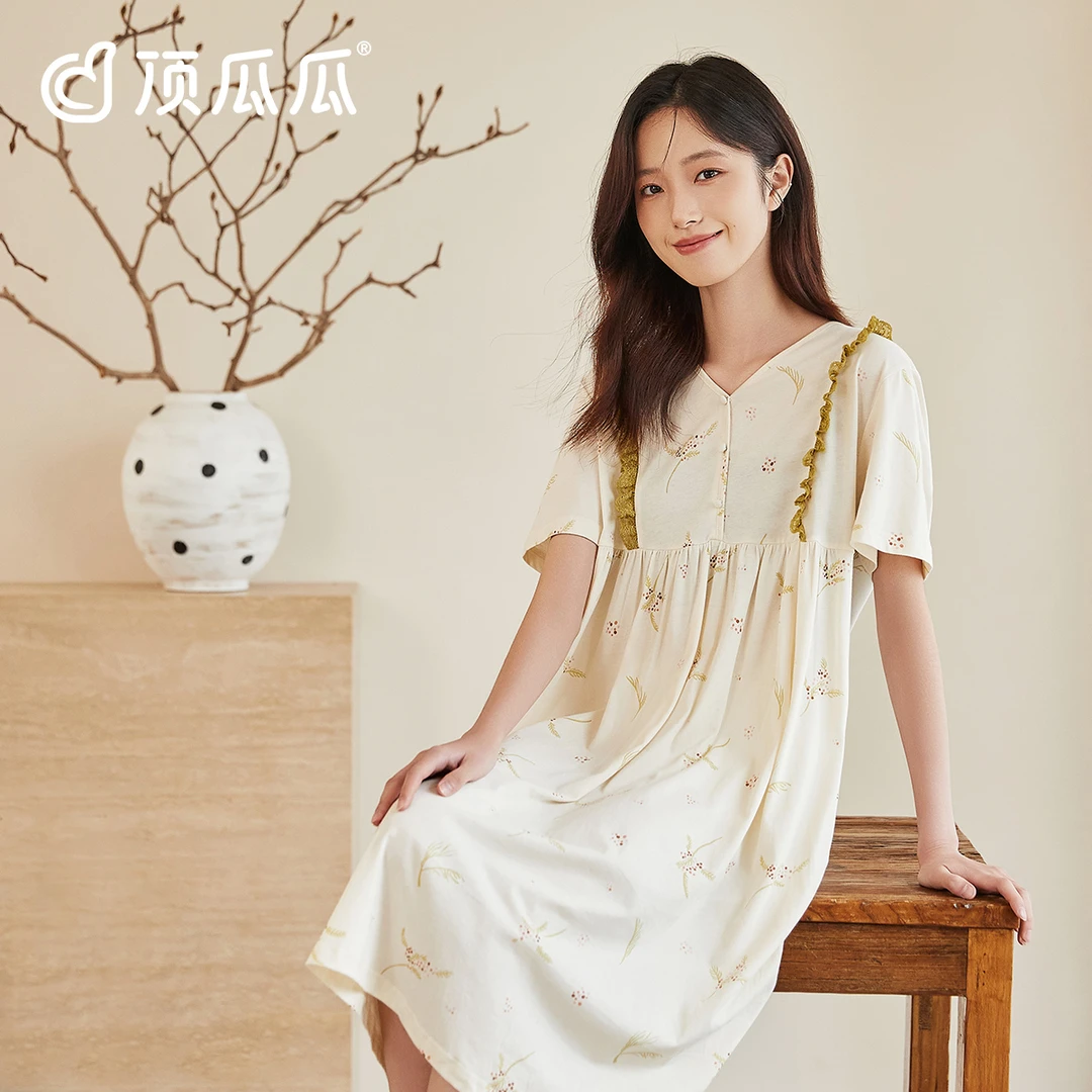 顶瓜瓜宽松印染女士透气家居服彩棉睡裙女夏季休闲睡裙