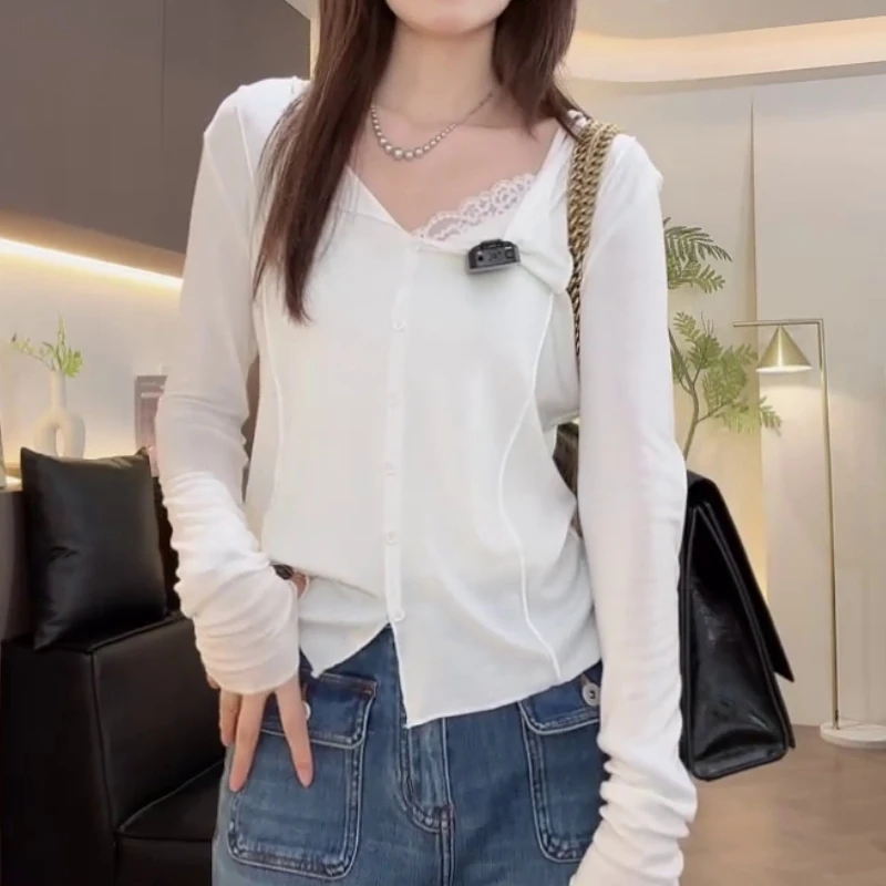 2025早秋新款复古长袖开衫女V领短款薄款外套别致荡荡领防晒罩衫