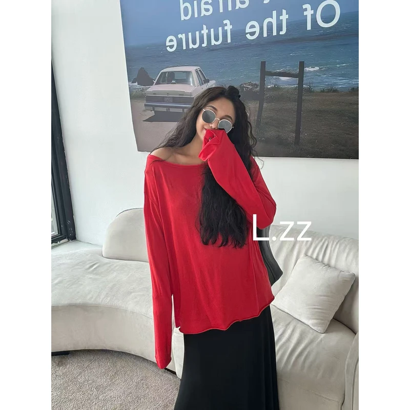 『LZZ』2025春季新款欧若风时尚百搭简约宽松一字肩超薄防晒体恤