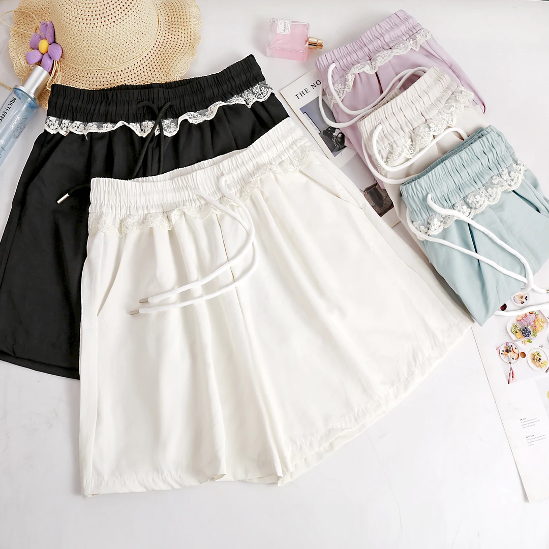 【夏季新款】蕾丝花边百搭休闲时尚短裤~宽松腰透气阔腿热裤T222