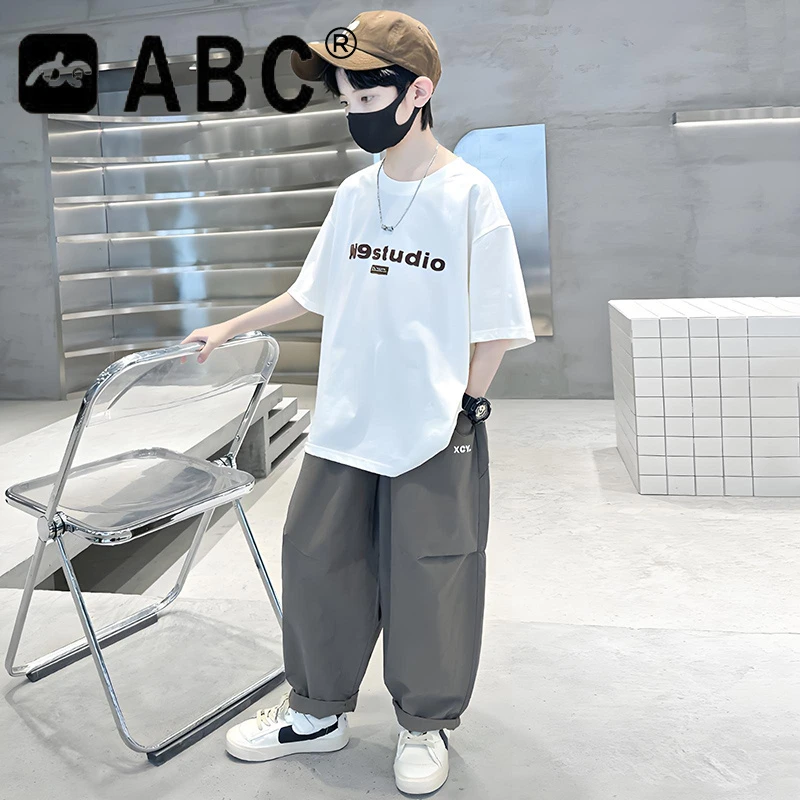 ABC男童夏装短袖长裤套装2025新款儿童夏季衣服中大童男孩潮帅气