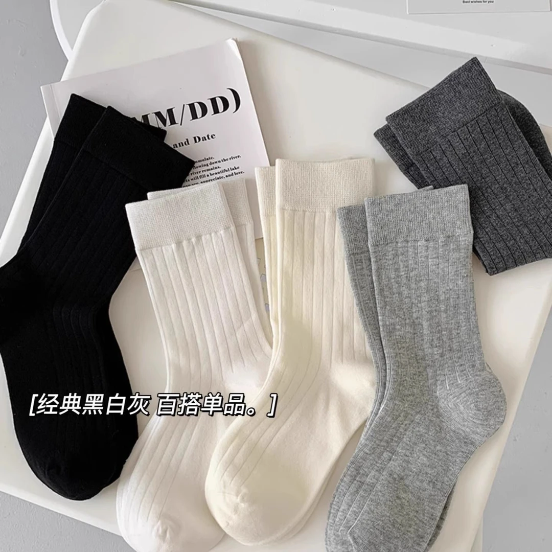 竖条女堆堆袜黑白灰纯色高级感中筒袜简约时尚百搭中筒袜