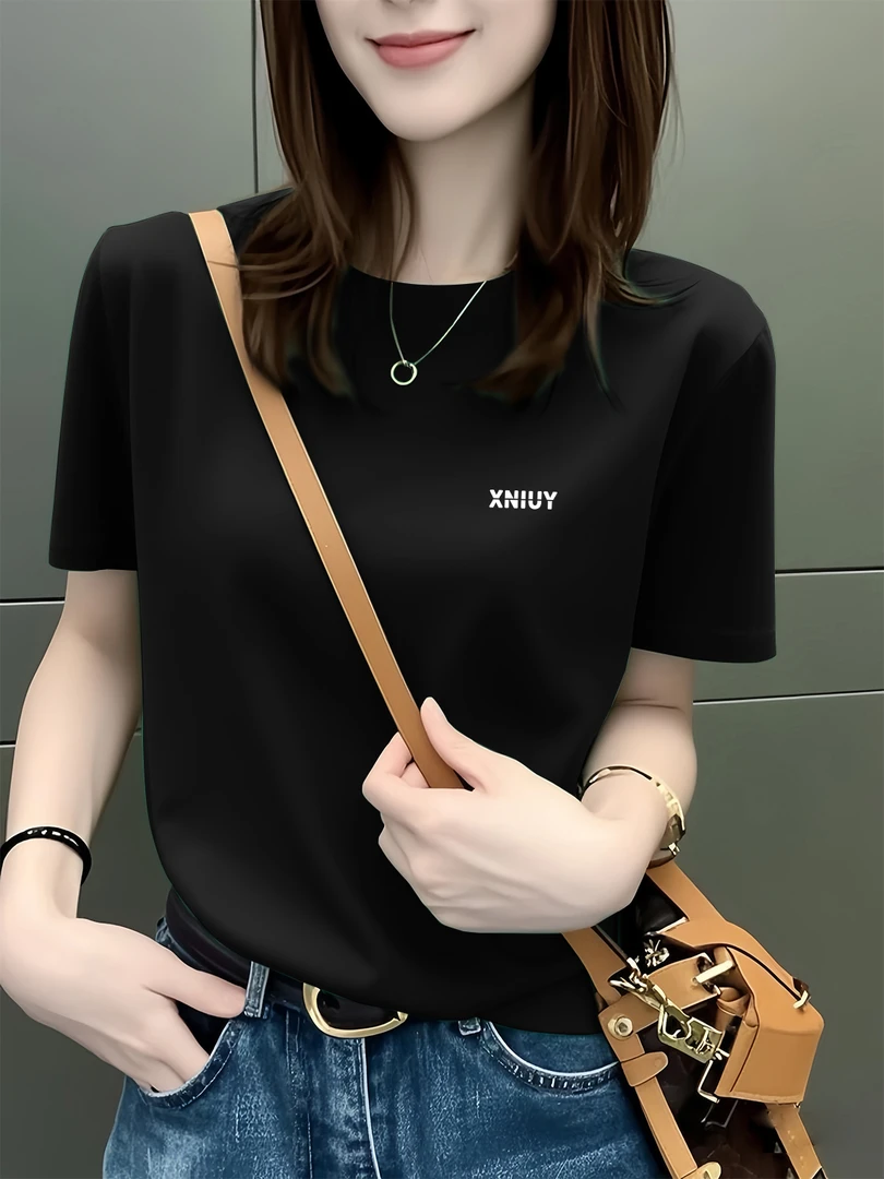 冰丝新款夏季短袖t恤女圆领印花休闲百搭显瘦宽松时尚通勤ins上衣