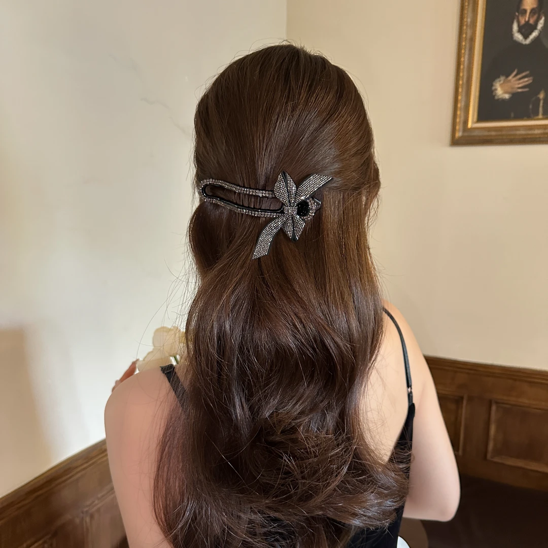 镶钻蝴蝶结一字发夹女高端气质懒人盘发鲨鱼夹脑勺发量多鸭嘴夹