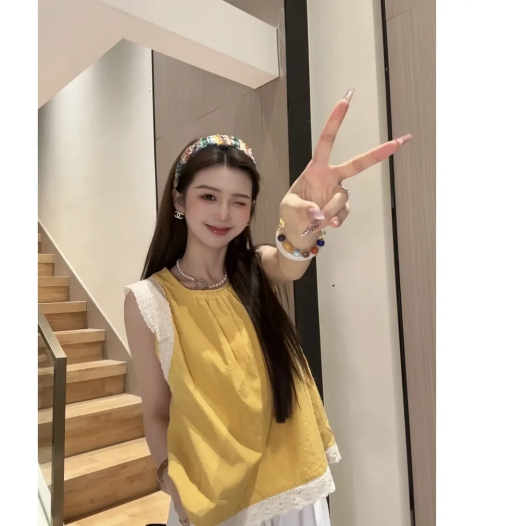 由子衣舍/Youzi Atelier蕾丝花边拼接无袖衬衫女新款甜美娃娃衫