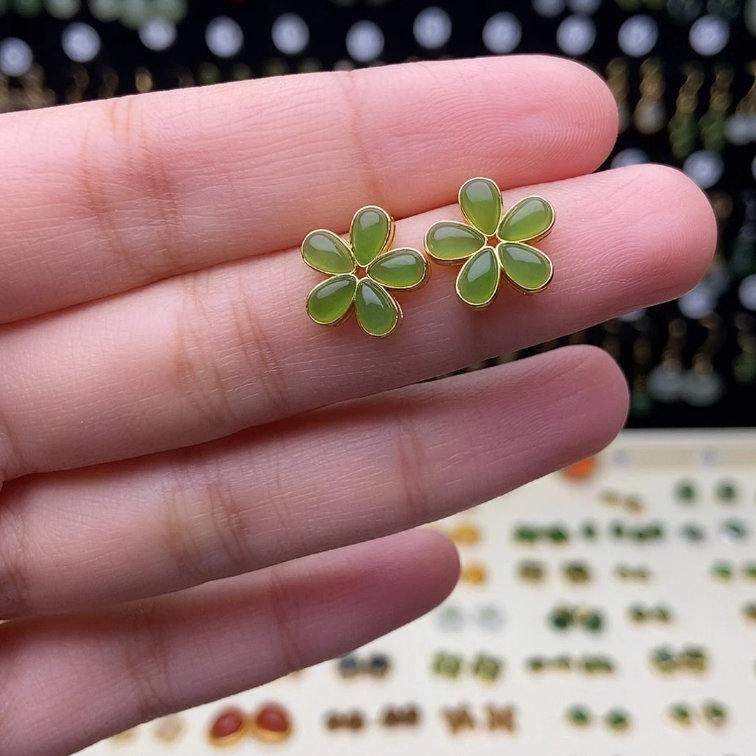 和田玉银S925镀金镶嵌耳饰