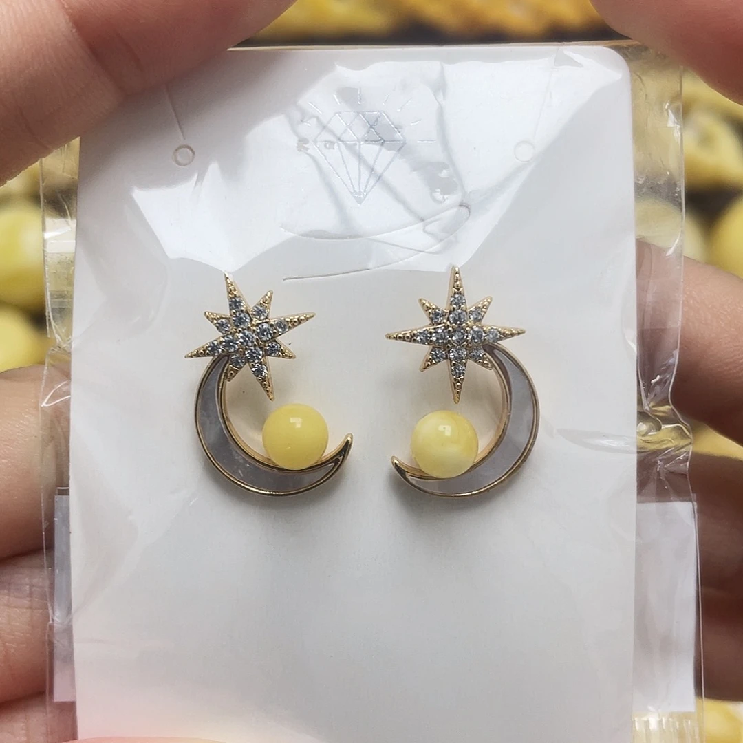 琥珀银S925镶嵌裸石耳环