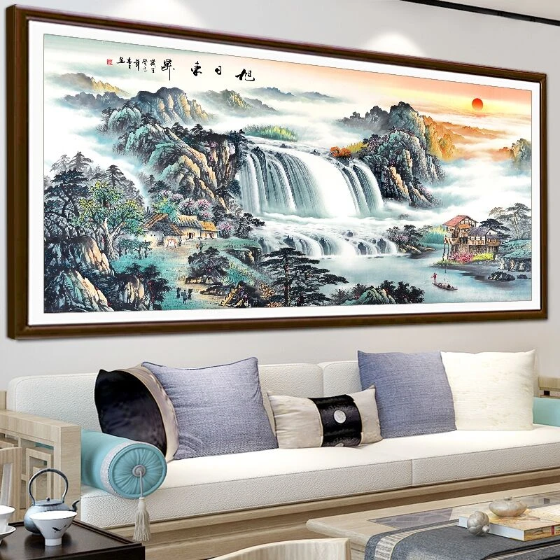 旭日东升山水人家刺绣十字绣满绣45色线绣客厅印花精准高级感好绣