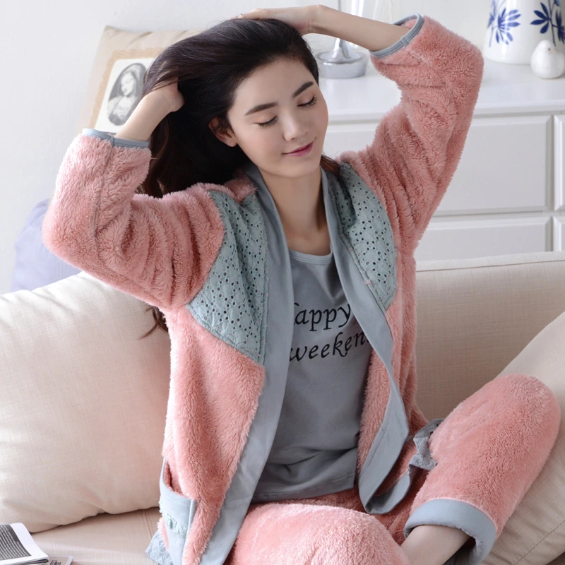 女款保暖纯棉背心珊瑚绒三件套睡衣秋冬季珊瑚绒高级家居服套装