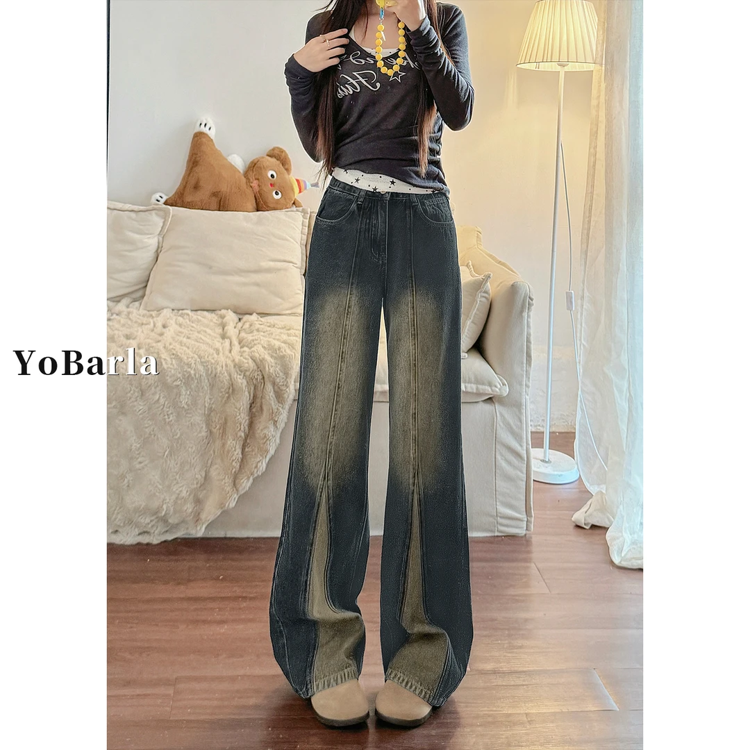复古怀旧直筒牛仔裤女秋冬新款大码胖mm梨形身材显瘦宽松阔腿裤子