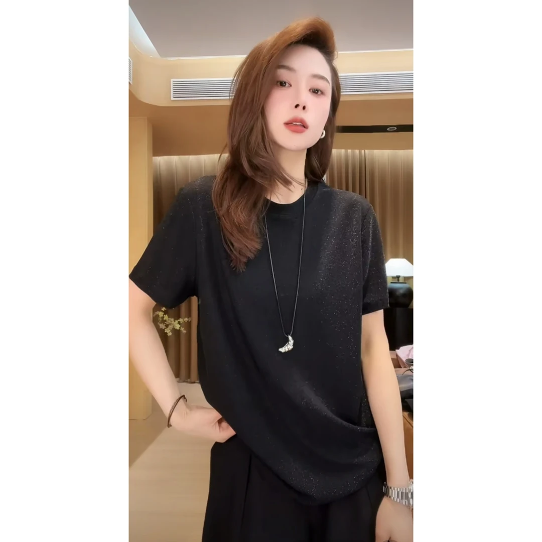月月不吃鱼2025春款小众设计细闪洒金百搭亲肤T恤上衣 2503C1202