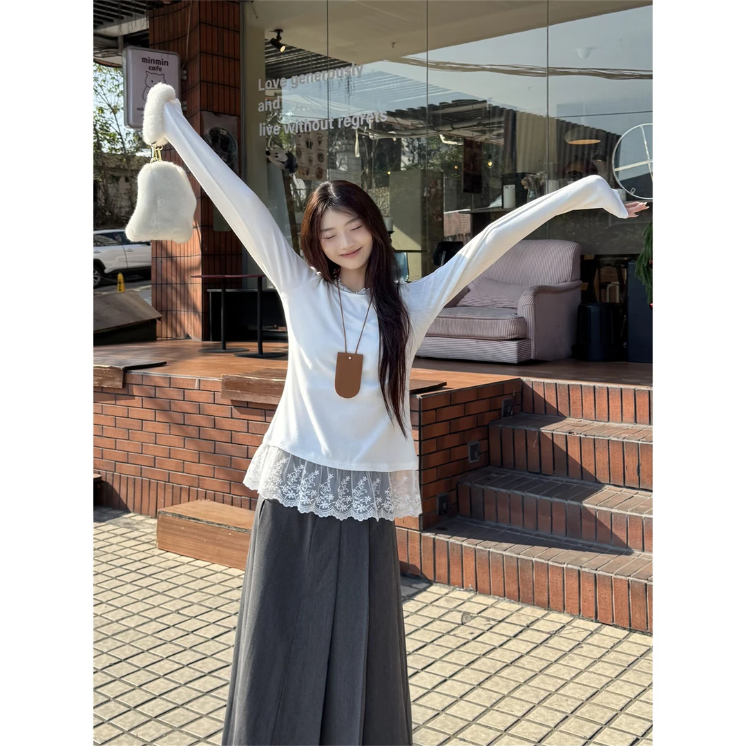 白色蕾丝花边圆领正肩长袖t恤女秋冬季新款拼接内搭打底衫上衣