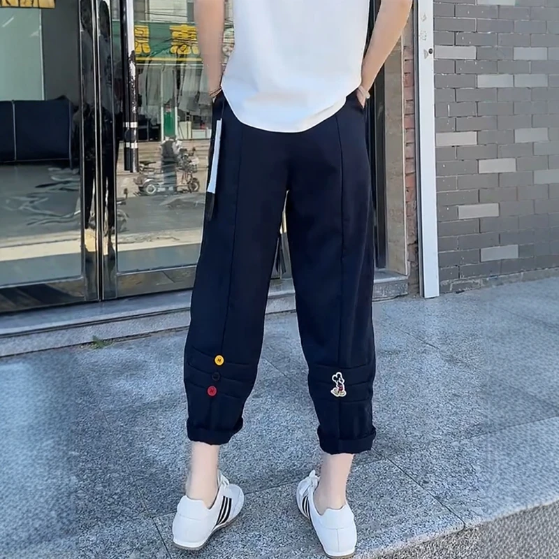 大码女装彩扣小个子透气速干裤女夏季薄款高腰显瘦遮胯直筒哈伦裤