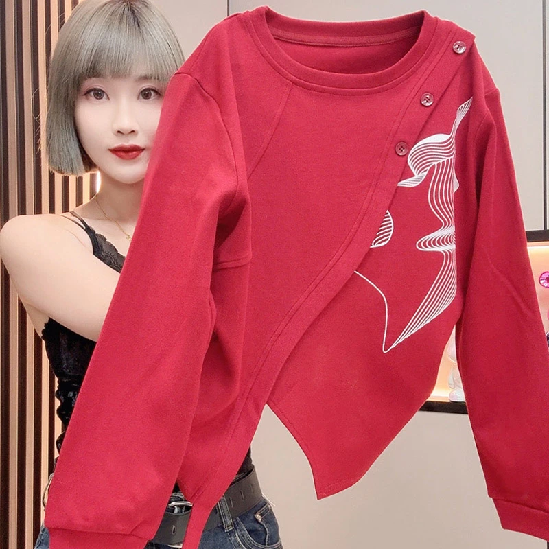 2025秋季新款时尚洋气漂亮百搭女装印花复古长袖红色圆领开叉长袖