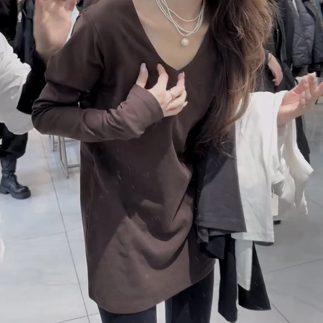 长袖慵懒风常规V领宽松型排汗T恤秋季打底衫内搭针织