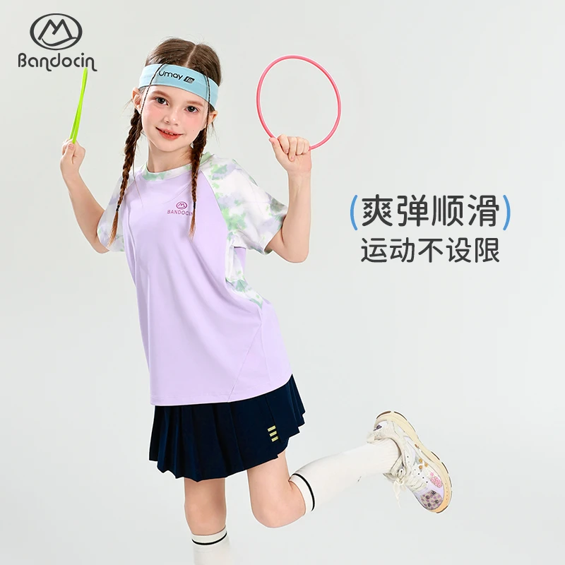 BANDOCIN/半度闲女童夏季冰丝防晒运动短袖透气户外拼色圆领T恤衫