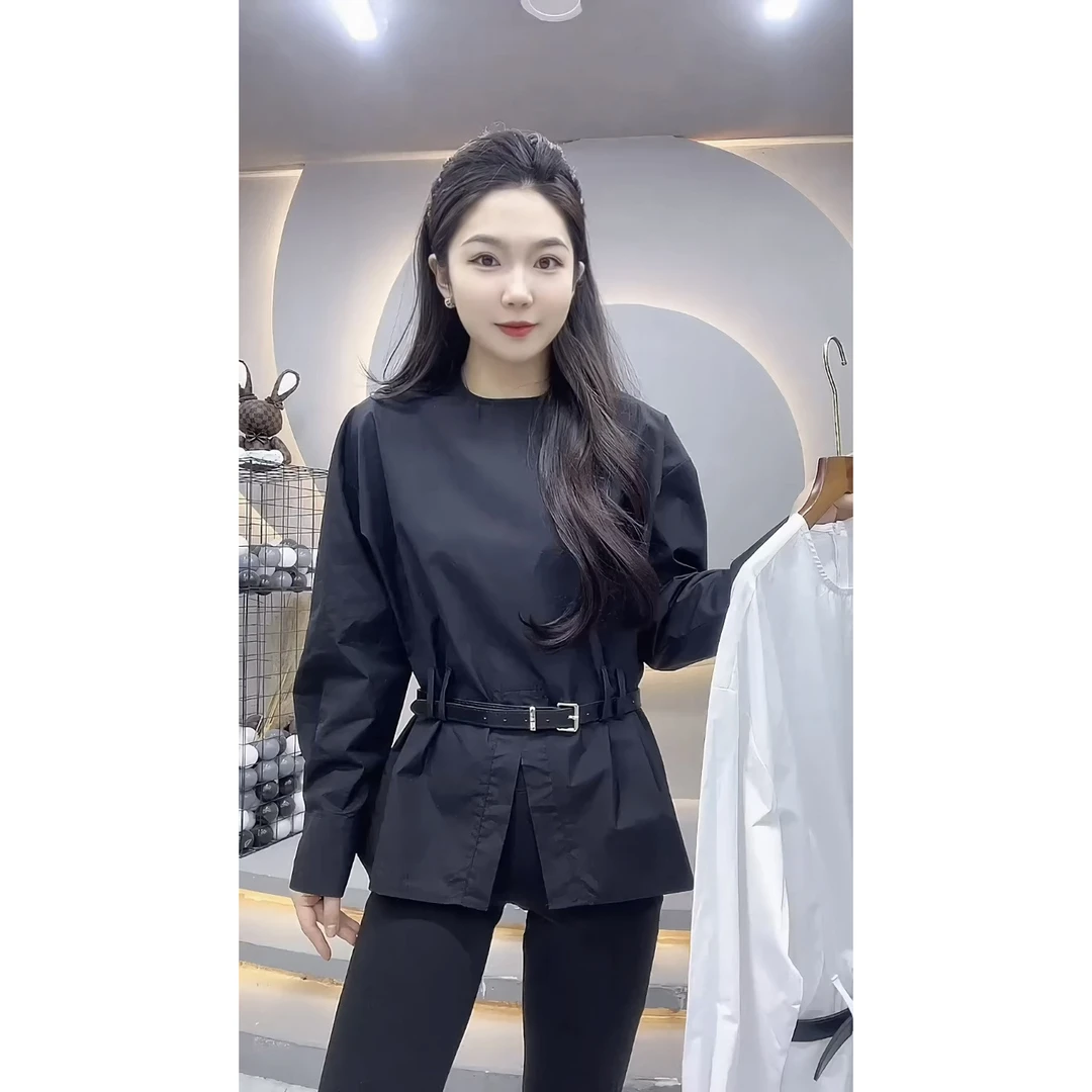 纯色腰带衬衫女春夏2025新款高级感气质宽松休闲百搭减龄长袖衬衣