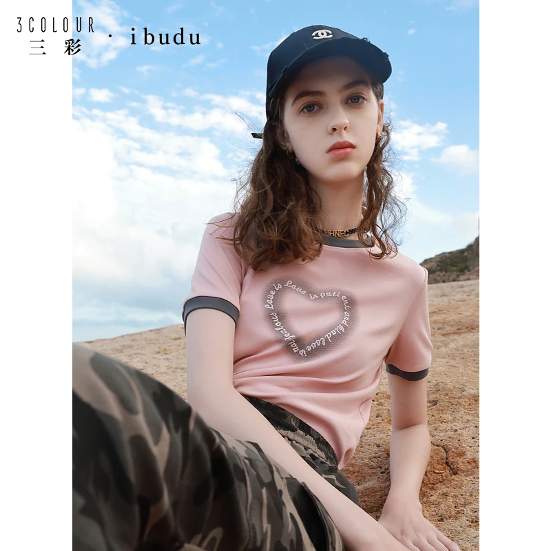 1681三彩2025春季新款短袖圆领爱心印花字母刺绣T恤套头衫短db