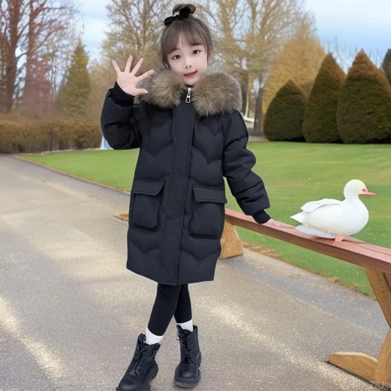 休闲外套女童羽绒服洋气加厚中长款女孩中大童大毛领冬季白鸭绒