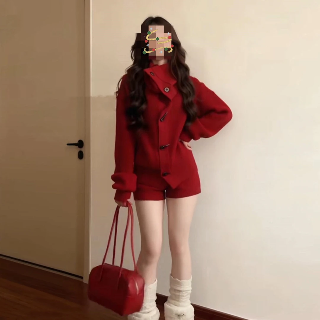圣诞氛围感穿搭过新年战袍红色毛衣套装女秋冬季2025新款洋气小众