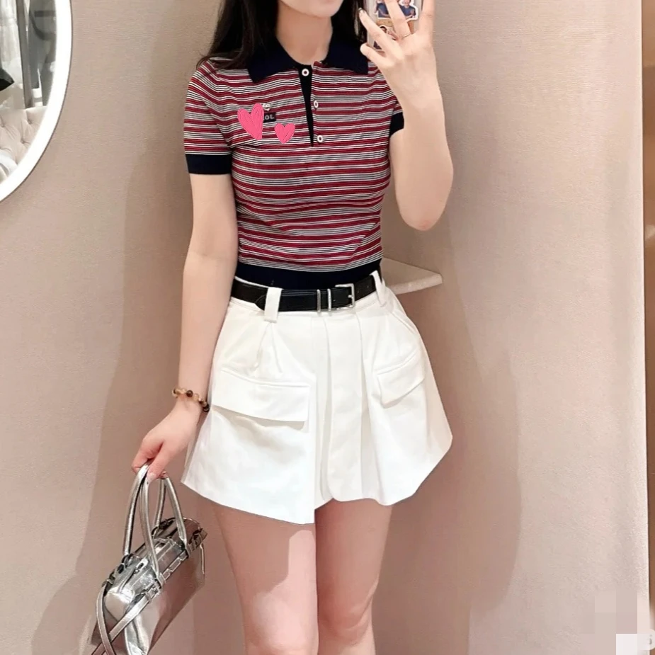 SZSALI 定制修身翻领ol显瘦短袖复古条纹T恤高腰t恤条纹针织减龄